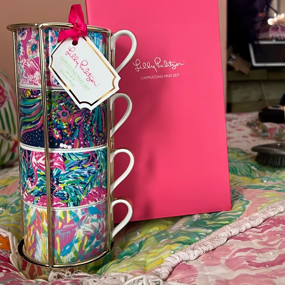 Lilly Pulitzer stacked espresso cappuccino coffee mugs cups
